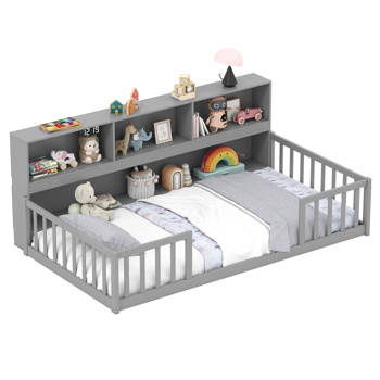 带书柜的多功能落地床 - 灰色 （amazon shipping-发货，WALMART禁止销售）周末不发货