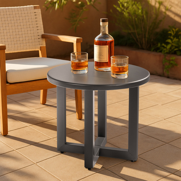 Outdoor Metal Round Table, Weather Resistant Patio End Table Side Table Coffee Bistro Table for Indoor Outdoor, Grey-7