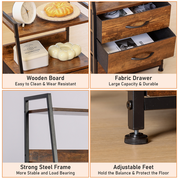Night Stand with 5 Drawer and 2-Tier Display Shelf,Rustic Brown Dresser for Bedroom, Skinny Nightstand with Fabric Bins for Hallway, Closet, and Nursery, Durable Wood Top and Sturdy Steel Frame-4