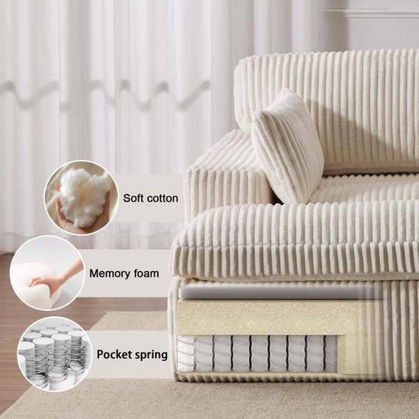 Double Chaise Lounge Chair Indoor,Oversized Upholstered Sleeper Cloud Couch,Deep Seat Luxury Sofa Bed,Sectional Sofa Chaise Love-seat,Corduroy Reading Chair for Living Room,No Assembly Required,White-6