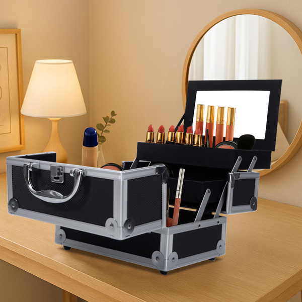 SM-2176 Aluminum Makeup Train Case Jewelry Box Cosmetic Organizer with Mirror 9"x6"x6" Black-16