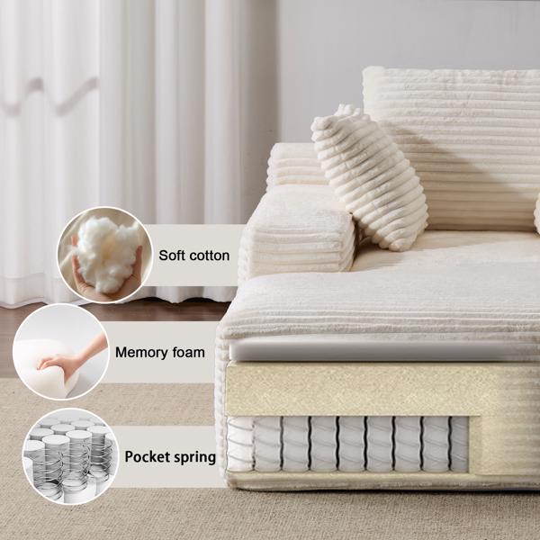 Oversized Chaise Lounge Chair Cozy Cloud Couch, Modern Plush Corduroy Upholstered Sleeper Sofa Daybed with 3 Throw Pillows and Wide Armrest for Living Room, No Assembly Required,White-6
