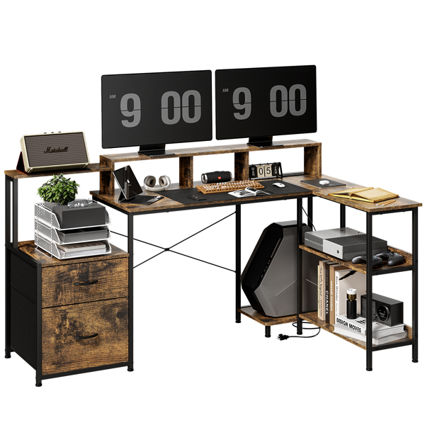 L Shaped Gaming Desk with File Drawer, 73" Reversible L Shaped Computer Desk with Power Outlet & LED Lights, Storage Shelves and Monitor Stand Corner Desk RUSTIC BROWN-1