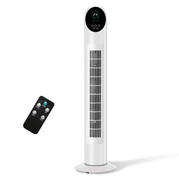 美规 TF-36BR 电风扇 110V 50W 34英寸 无水箱 带遥控器 电子显示 塑料 黑白 塔扇 室内 凹弧形头部 9小时定时