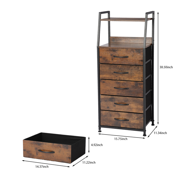 Night Stand with 5 Drawer and 2-Tier Display Shelf,Rustic Brown Dresser for Bedroom, Skinny Nightstand with Fabric Bins for Hallway, Closet, and Nursery, Durable Wood Top and Sturdy Steel Frame-6