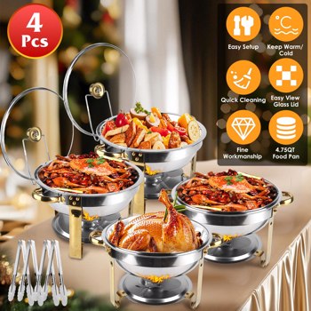 4 件套圆形自助餐架，不锈钢 4.76QT 圆形自助餐架和保温壶，厚支架框架，带镜面盖的餐饮用自助餐架，适用于聚会、婚礼、野餐的食物保温壶