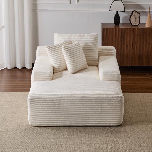 Oversized Chaise Lounge Chair Cozy Cloud Couch, Modern Plush Corduroy Upholstered Sleeper Sofa Daybed with 3 Throw Pillows and Wide Armrest for Living Room, No Assembly Required,White-2