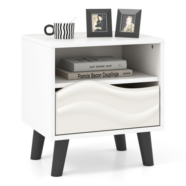 White bedside table with drawers and open shelves-1