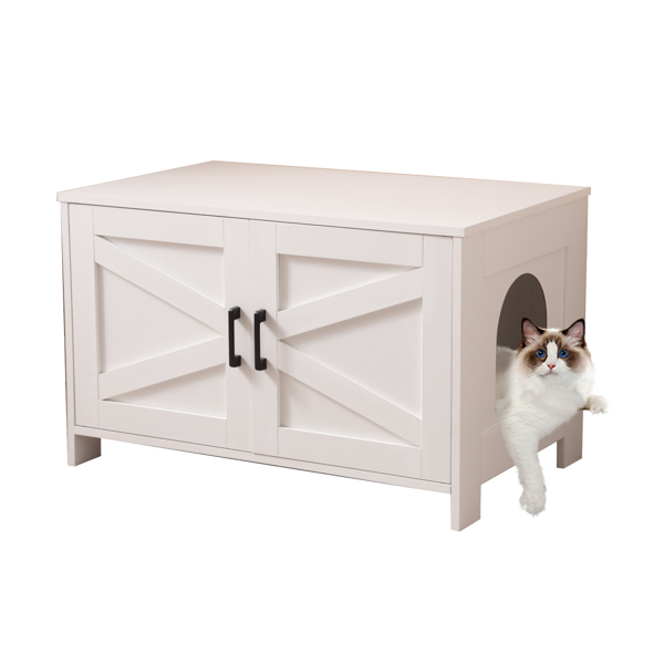 猫砂盆围栏，隐藏式猫砂盆家具（带谷仓门），木制猫盥洗室家具，猫屋，茶几，适合大多数猫砂盆，白色-1