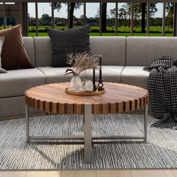 31.4-inch living room circular coffee table, modern natural wood grain handmade drum shaped coffee table, wooden coffee table, sturdy base coffee table -1