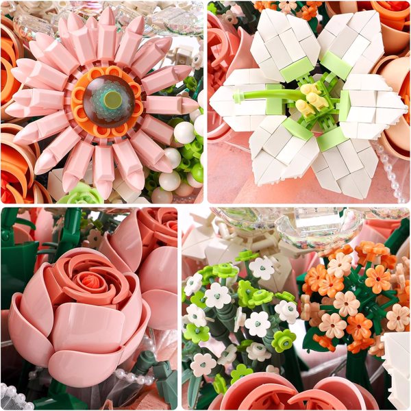 9朵玫瑰人造花DIY花束建筑套装818个零件，带花瓶装饰，适合儿童女儿女朋友男朋友妈妈-生日礼物-5