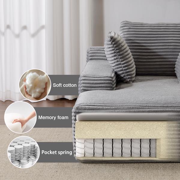 Oversized Chaise Lounge Chair Cozy Cloud Couch, Modern Plush Corduroy Upholstered Sleeper Sofa Daybed with 3 Throw Pillows and Wide Armrest for Living Room, No Assembly Required,Grey-6