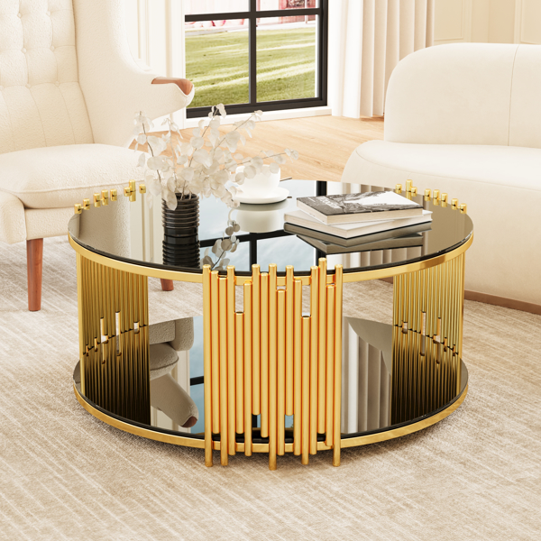 Modern minimalist light luxury style stainless steel circular coffee table, black tempered glass countertop, living room coffee table -2