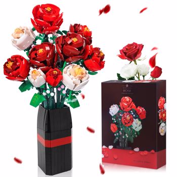9朵玫瑰人造花DIY花束建筑套装818个零件，带花瓶装饰，适合儿童女儿女朋友男朋友妈妈-生日礼物