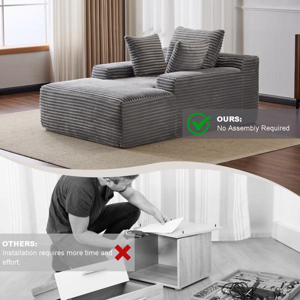 Oversized Chaise Lounge Chair Cozy Cloud Couch, Modern Plush Corduroy Upholstered Sleeper Sofa Daybed with 3 Throw Pillows and Wide Armrest for Living Room, No Assembly Required,Grey-8