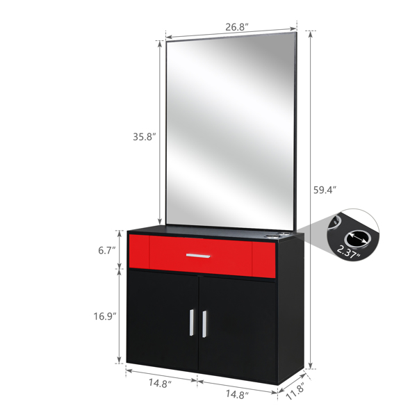 15% E0 chipboard linen top 1 drawer 1 door with mirror Salon cabinet black and red【Same code 89091188】-4