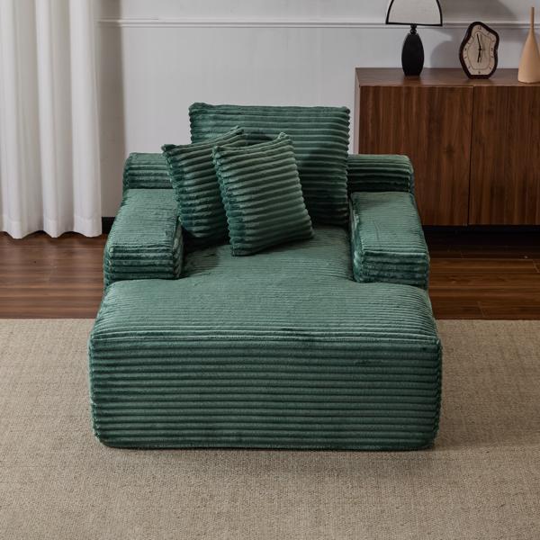 Oversized Chaise Lounge Chair Cozy Cloud Couch, Modern Plush Corduroy Upholstered Sleeper Sofa Daybed with 3 Throw Pillows and Wide Armrest for Living Room, No Assembly Required,Green-2