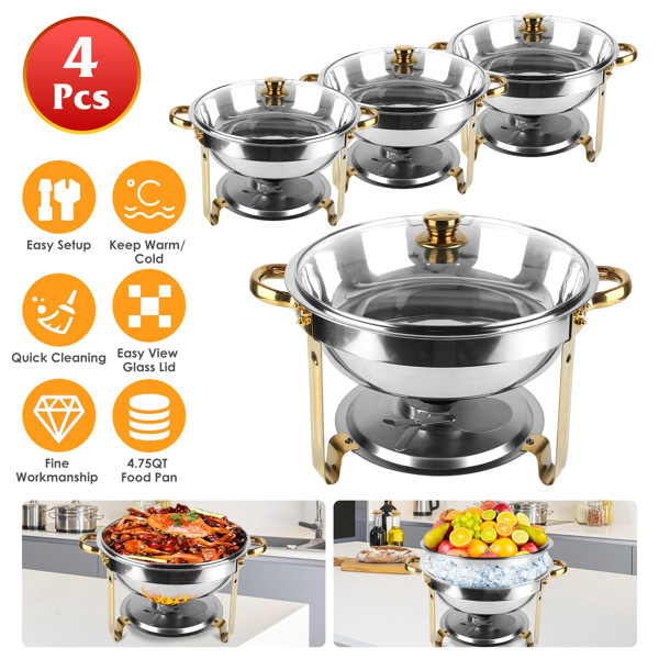 4 件套圆形自助餐架，不锈钢 4.76QT 圆形自助餐架和保温壶，厚支架框架，带镜面盖的餐饮用自助餐架，适用于聚会、婚礼、野餐的食物保温壶-10