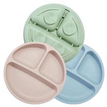 食品级硅胶防摔吸盘一体式儿童吃饭盘子 3件-餐盘灰蓝+墨绿+米色