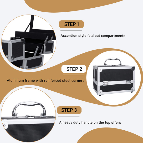 SM-2176 Aluminum Makeup Train Case Jewelry Box Cosmetic Organizer with Mirror 9"x6"x6" Black-15