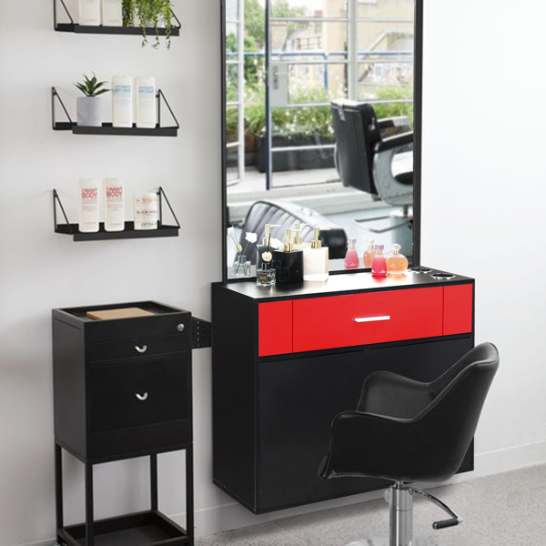 15% E0 chipboard linen top 1 drawer 1 door with mirror Salon cabinet black and red【Same code 89091188】-3