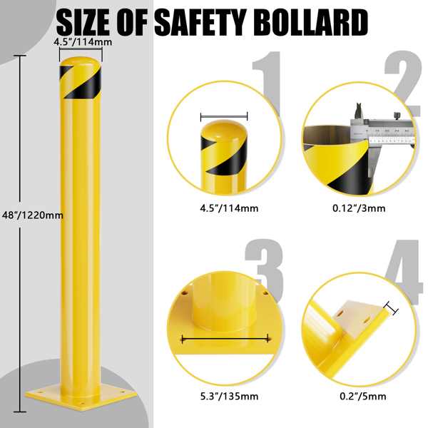 Parking Bollard Post, 48inch Bollards Steel, 4.5 Inch Diameter Bollard Covers, Yellow Powder Coated Safety Parking Barrier Post, for Traffic Sensitive Areas-2