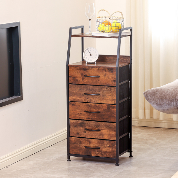 Night Stand with 5 Drawer and 2-Tier Display Shelf,Rustic Brown Dresser for Bedroom, Skinny Nightstand with Fabric Bins for Hallway, Closet, and Nursery, Durable Wood Top and Sturdy Steel Frame-5