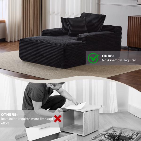 Oversized Chaise Lounge Chair Cozy Cloud Couch, Modern Plush Corduroy Upholstered Sleeper Sofa Daybed with 3 Throw Pillows and Wide Armrest for Living Room, No Assembly Required,Black-8
