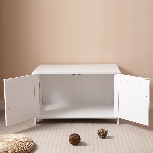 猫砂盆围栏，隐藏式猫砂盆家具（带谷仓门），木制猫盥洗室家具，猫屋，茶几，适合大多数猫砂盆，白色-5