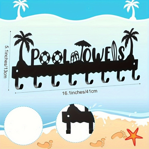 1 PC A very practical modern pool towel rack made of handmade iron with 8 hooks for storage, rust proof wall mounted spa beach decoration, black coating luxury vacation storage, adding a sense of deli-4