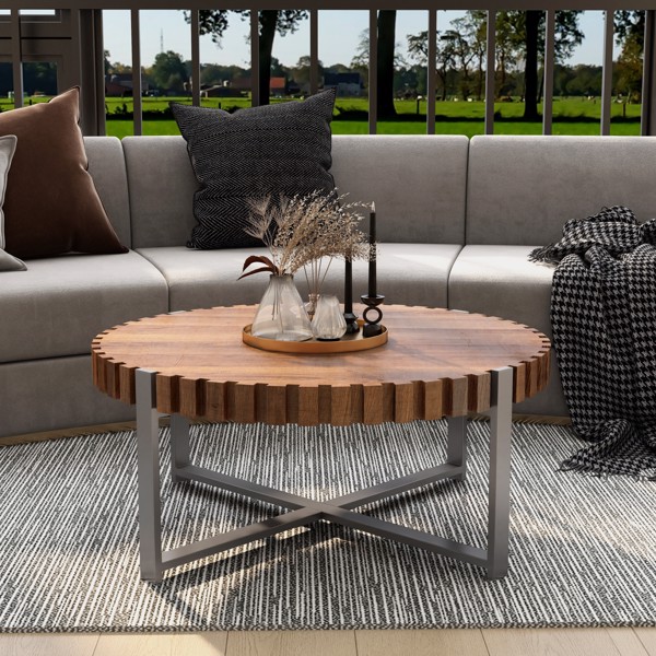 31.4-inch living room circular coffee table, modern natural wood grain handmade drum shaped coffee table, wooden coffee table, sturdy base coffee table -3