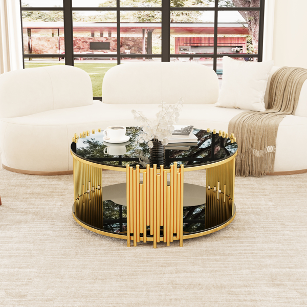Modern minimalist light luxury style stainless steel circular coffee table, black tempered glass countertop, living room coffee table -5