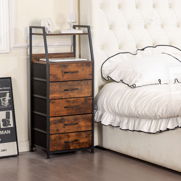 Night Stand with 5 Drawer and 2-Tier Display Shelf,Rustic Brown Dresser for Bedroom, Skinny Nightstand with Fabric Bins for Hallway, Closet, and Nursery, Durable Wood Top and Sturdy Steel Frame-2