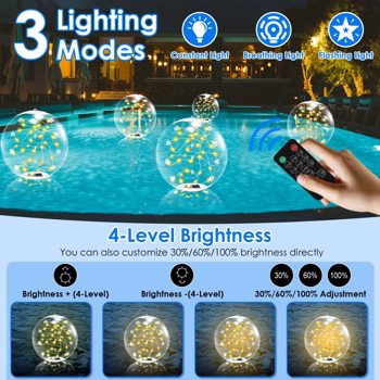 2 套户外太阳能泳池灯，LED 发光球，带遥控器，3200K 暖光，3 种照明模式和 4 级亮度，黄昏时自动开启，IP68 防水，是花园、泳池、海滩和派对的理想之选