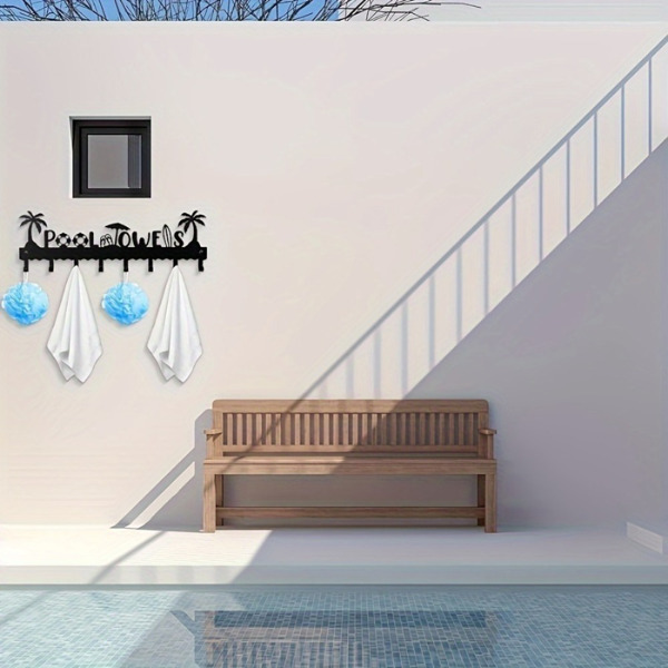 1 PC A very practical modern pool towel rack made of handmade iron with 8 hooks for storage, rust proof wall mounted spa beach decoration, black coating luxury vacation storage, adding a sense of deli-5