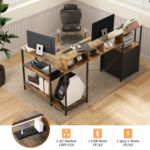 L Shaped Gaming Desk with File Drawer, 73" Reversible L Shaped Computer Desk with Power Outlet & LED Lights, Storage Shelves and Monitor Stand Corner Desk RUSTIC BROWN-4
