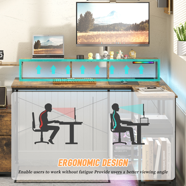 L Shaped Gaming Desk with File Drawer, 73" Reversible L Shaped Computer Desk with Power Outlet & LED Lights, Storage Shelves and Monitor Stand Corner Desk RUSTIC BROWN-7