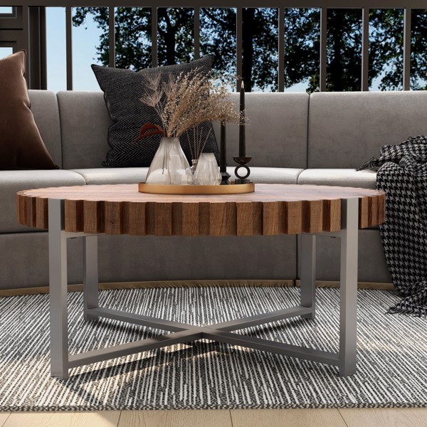 31.4-inch living room circular coffee table, modern natural wood grain handmade drum shaped coffee table, wooden coffee table, sturdy base coffee table -4