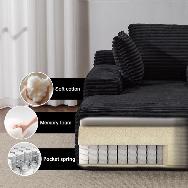 Oversized Chaise Lounge Chair Cozy Cloud Couch, Modern Plush Corduroy Upholstered Sleeper Sofa Daybed with 3 Throw Pillows and Wide Armrest for Living Room, No Assembly Required,Black-6