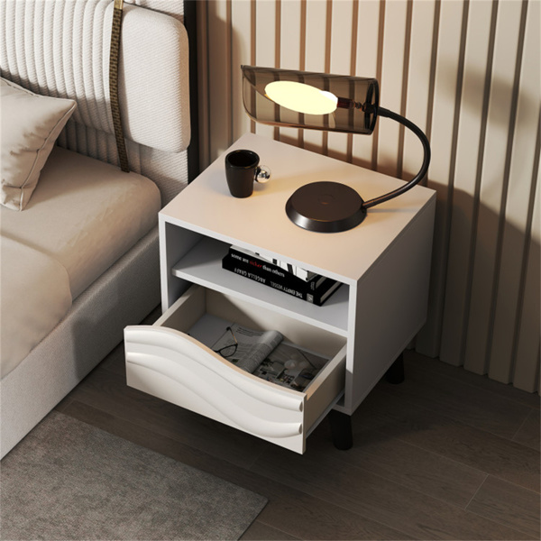 White bedside table with drawers and open shelves-7