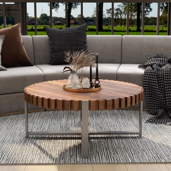 31.4-inch living room circular coffee table, modern natural wood grain handmade drum shaped coffee table, wooden coffee table, sturdy base coffee table 