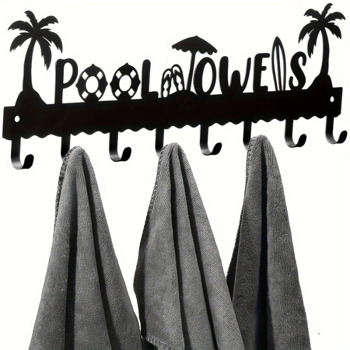 1 PC A very practical modern pool towel rack made of handmade iron with 8 hooks for storage, rust proof wall mounted spa beach decoration, black coating luxury vacation storage, adding a sense of deli