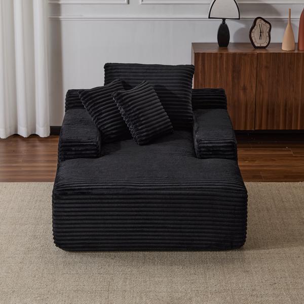 Oversized Chaise Lounge Chair Cozy Cloud Couch, Modern Plush Corduroy Upholstered Sleeper Sofa Daybed with 3 Throw Pillows and Wide Armrest for Living Room, No Assembly Required,Black-2