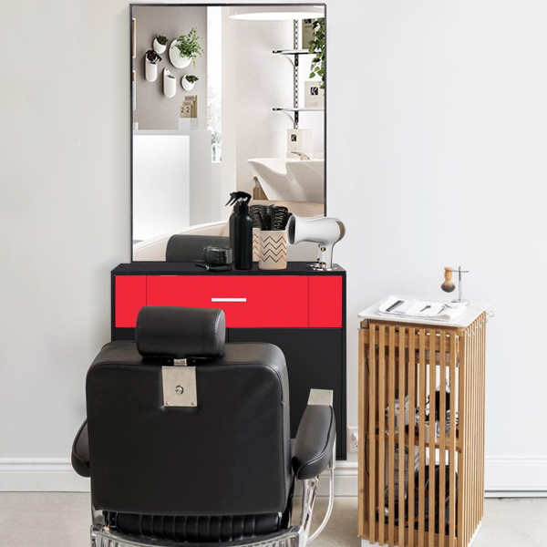 15% E0 chipboard linen top 1 drawer 1 door with mirror Salon cabinet black and red【Same code 89091188】-2