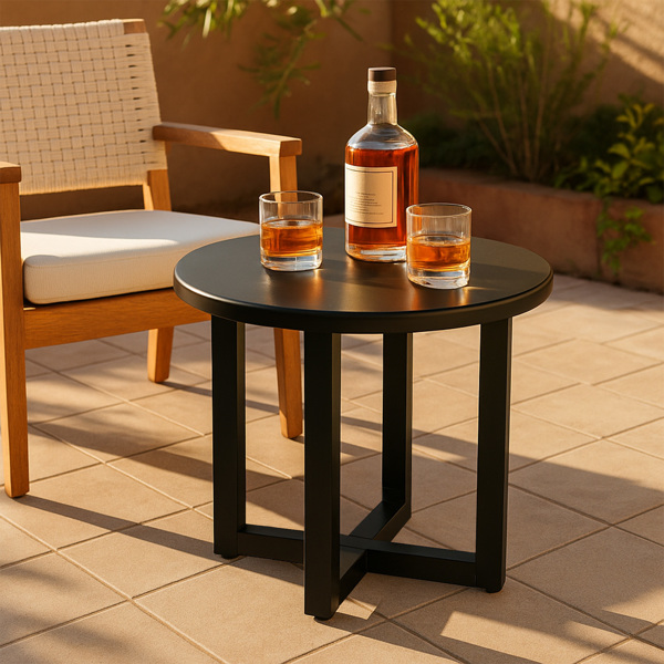 Outdoor Metal Round Table, Weather Resistant Patio End Table Side Table Coffee Bistro Table for Indoor Outdoor, Black-7