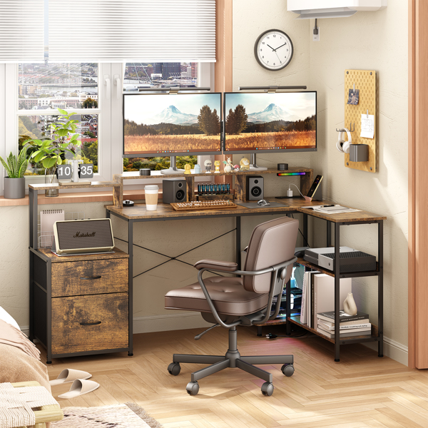 L Shaped Gaming Desk with File Drawer, 73" Reversible L Shaped Computer Desk with Power Outlet & LED Lights, Storage Shelves and Monitor Stand Corner Desk RUSTIC BROWN-8