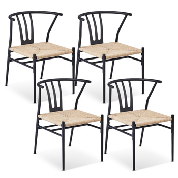 4pcs 绳编 黑色铁框架 米色圆绳 编藤单椅 22.8*21.45*28.7inch