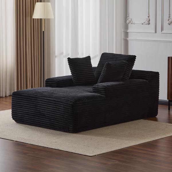Oversized Chaise Lounge Chair Cozy Cloud Couch, Modern Plush Corduroy Upholstered Sleeper Sofa Daybed with 3 Throw Pillows and Wide Armrest for Living Room, No Assembly Required,Black-1