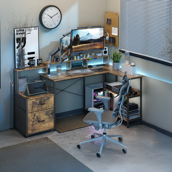 L Shaped Gaming Desk with File Drawer, 73" Reversible L Shaped Computer Desk with Power Outlet & LED Lights, Storage Shelves and Monitor Stand Corner Desk RUSTIC BROWN-3
