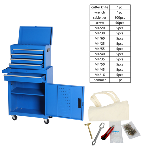 工具箱，5 抽屉滚动工具储物柜，带可拆卸顶部工具箱、衬垫、通用可锁轮、可调节搁板、锁定机构、金属工具车，154 件工具-2